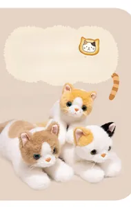 Three realistic lying plush cats with soft fur and lifelike eyes in a stacked composition