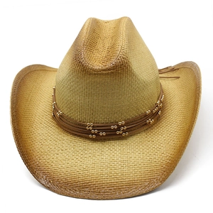 Retro Cowboy Strohhut im Westernstil mit Perlenband und dunklem Farbverlauf