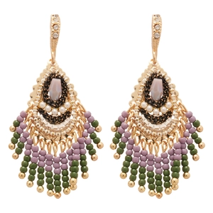Bohemian vintage gold tassel earrings with colorful beads and rhinestones on white background