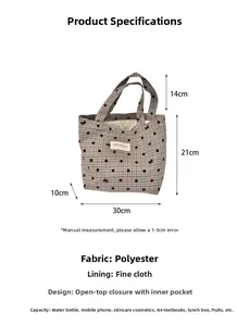 Guide des tailles détaillé du sac en toile à carreaux mesurant 30x21x10cm