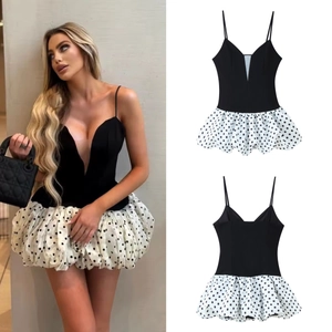 Mini Dress Deep V Neck Polka Dot Patchwork Mesh Puffy Bubble Hem Spaghetti Strap Slim Fit Elegant Chic Women