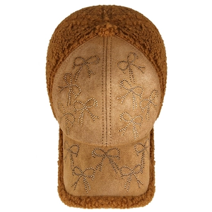 Cute winter brown baseball cap with rhinestone bows and warm lamb wool trim for women