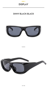 Front and 45-degree side views of shiny black square sunglasses with dark grey lenses