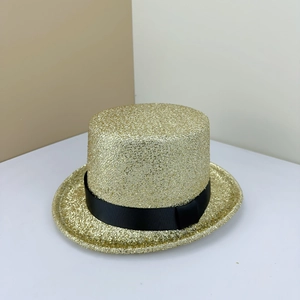Haut-de-forme doré pailleté avec ruban noir pour magicien et costume de fête vintage