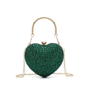 Sparkling green heart-shaped rhinestone evening bag with gold handle and chain
