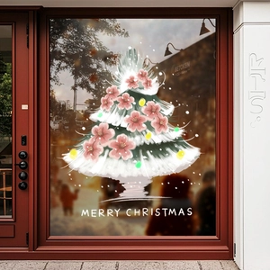 Weihnachtsfensterbild Statischer PVC Aufkleber Verschneiter Baum Rosa Blumen Glasdekoration Wiederverwendbar