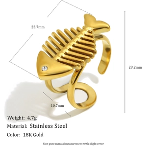 Minimalist 18K gold-plated fishbone open ring in stainless steel on white background
