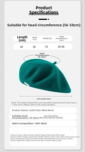 Detailed size guide and measurement chart for 100% pure wool fashion beret hat