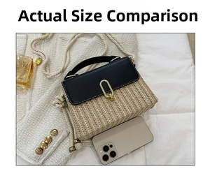Size comparison of straw crossbody bag with a smartphone showing compact dimensions