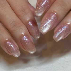 Cat Eye Press On Nails Nude Pink Champagne Magnetic Gradient Short Ballerina Coffin Fake Nails With Glue Manicure For Women