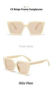 Detail view showing beige square sunglasses with brown lenses from front and side angles