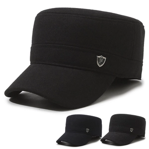 Woolen Cadet Cap Men Winter Warm Fleece Lined Military Hat With Foldable Ear Flaps Adjustable Metal Badge