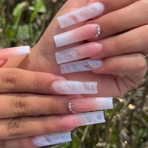 Press On Nails Long Coffin Shape Pink White Ombre Marble Pattern Rhinestone Glitter French Style Fake Nails For Women