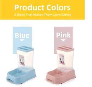 Dual automatic pet gravity feeders in blue and pink for cats and dogs food storage