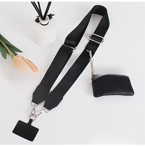 Detail of herringbone phone strap with black zipper pouch and silver metal clasp
