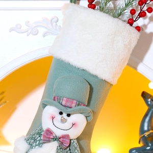 Detailed view of mint green Christmas stocking with a 3D snowman and faux fur cuff