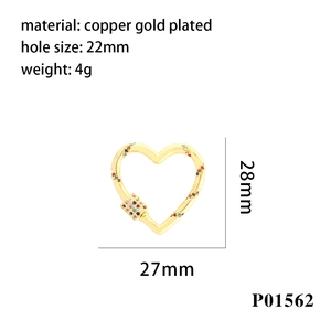 18K gold plated copper heart clasp pendant with colorful zircon stones 28x27mm