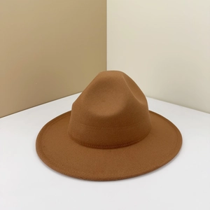 Classic brown wide-brimmed wool fedora hat with a pinched crown for autumn fashion
