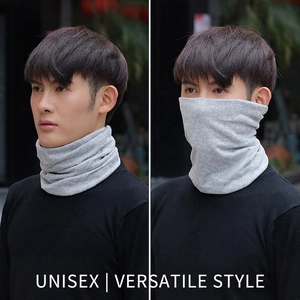 Versatile light grey knit neck warmer shown as a scarf and face cover for men and women