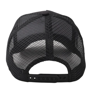 Rear view of breathable black mesh trucker hat with adjustable plastic snapback closure