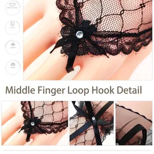 Short black lace gloves with floral mesh and rhinestone detail for wedding or Halloween