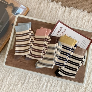 Detail of five-color striped cotton crew socks set in various cozy autumn tones
