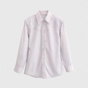 Women's chic grey striped long sleeve shirt with padded shoulders and button-down front