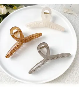 Three jelly color hair claws in cream, amber, and grey on a white ceramic plate