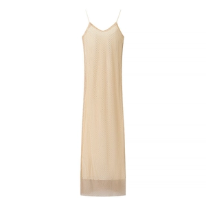 Sexy V-neck beige mesh slip dress with sparkling rhinestone embellishments