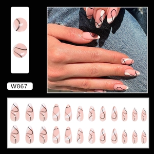 Almond fake nails with black and white wavy lines and abstract pattern, 24 piece set