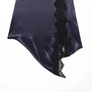 Elegant satin mini dress featuring black lace trim and irregular hemline details