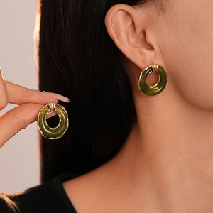 Retro resin round earrings with golden frames and dark green inlay for women