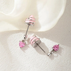 Pink enamel heart pendant earrings in titanium steel with roman numeral details