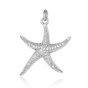 Close-up of a silver starfish pendant with sparkling cubic zirconia on white background