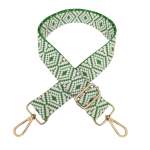 Adjustable 3.8cm wide green and white geometric woven shoulder strap with gold metal clips