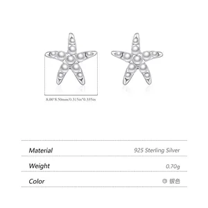S925 sterling silver starfish earrings with pearl inlays, 8.00x8.50mm size dimensions