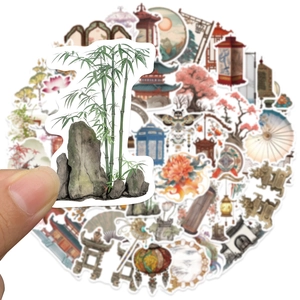 Set of 50 vintage Chinese style stickers featuring bamboo, lanterns and traditional scenery