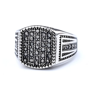 Retro stainless steel men's ring with pave-set black crystals on a silver band