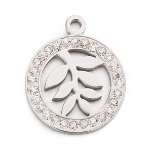 Silver round leaf pendant necklace with sparkling diamonds on a white background