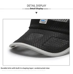 Close-up of black mesh baseball cap with gray piping and breathable honeycomb fabric