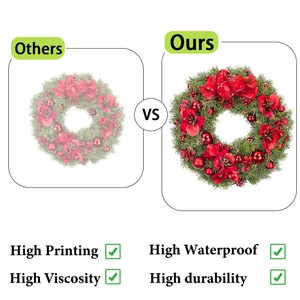 Detail view of vibrant Christmas wreath window sticker with high color saturation and durability