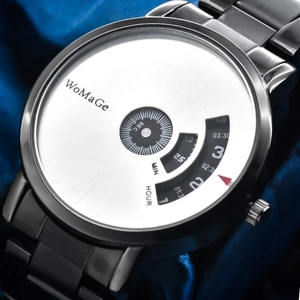 Macro view of a black metal watch featuring a unique silver rotating time display disc