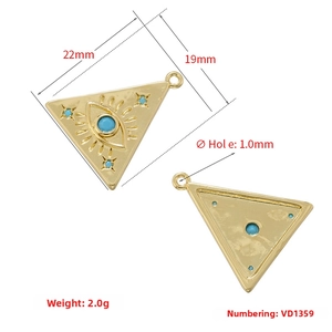 Macro view of triangle evil eye pendant with dimensions 22mm x 19mm in gold plating