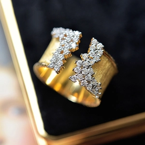 Luxury gold plated wide open ring with micro-paved zircons and brushed metal texture