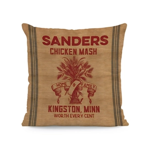Detail of vintage feed sack style linen cushion cover featuring red chicken mash print