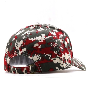 Digital camouflage baseball cap featuring a pixelated pattern and adjustable metal buckle back