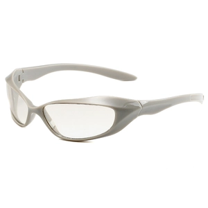 Y2K grey wrap-around sports sunglasses with transparent lenses in a 45-degree side view