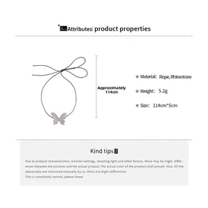 Detailed specs of the rhinestone butterfly pendant necklace with rope chain measurements