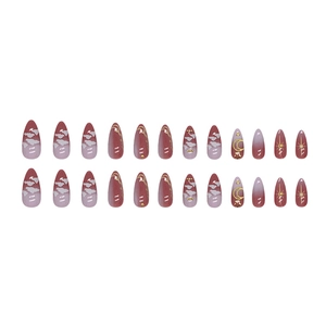 Faux ongles amande avec dégradé rose violet et motifs célestes de lune et nuages