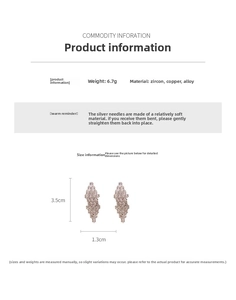 Detail showing dimensions of 3.5cm by 1.3cm and 6.7g weight for rhonbus tassel earrings